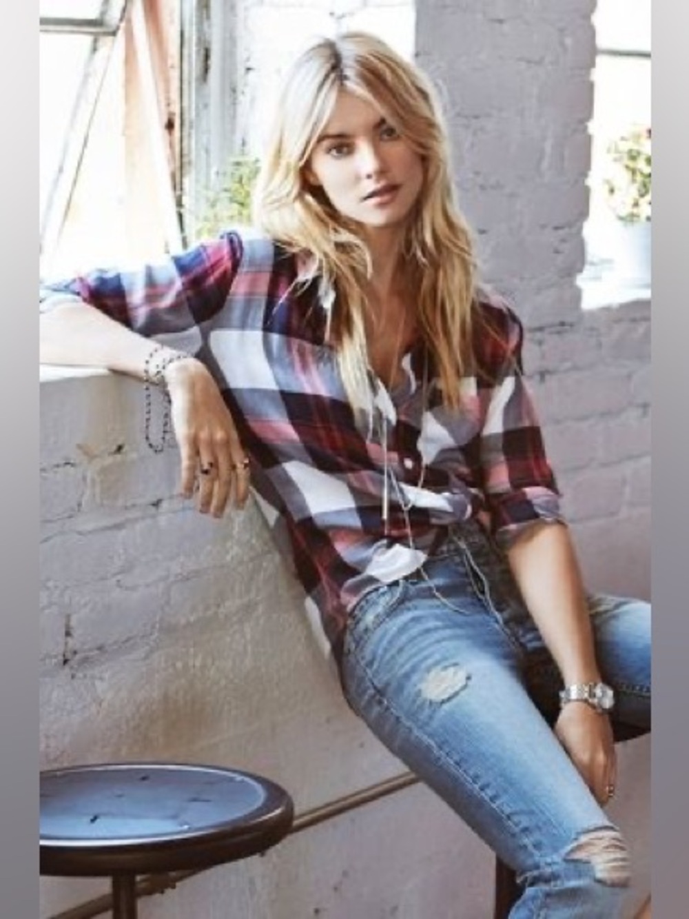 NWOT Rails Hunter Burgundy, Navy Blue and White Plaid Button-Down Shirt Size XS